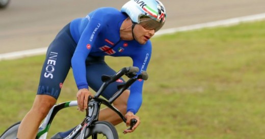 Italy's Filippo Ganna competes on his way to win the men's Individual Time Trial event, at the road cycling World Championships, in Imola, Italy, Friday, Sept. 25, 2020. (AP Photo/Andrew Medichini)